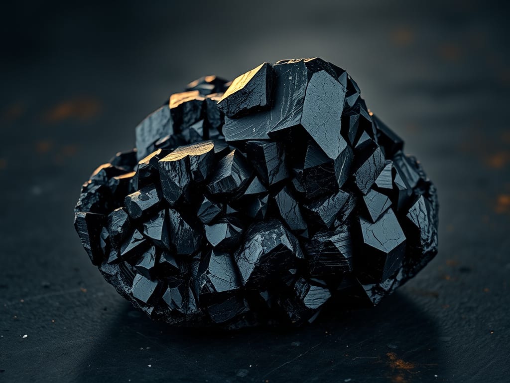 A black tourmaline crystal with sharp, jagged edges, resting on a dark surface.