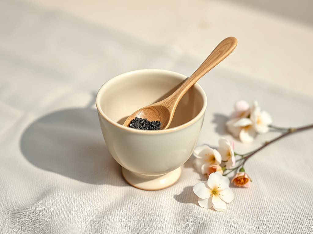 Wooden spoon holding shilajit in a white tea cup.