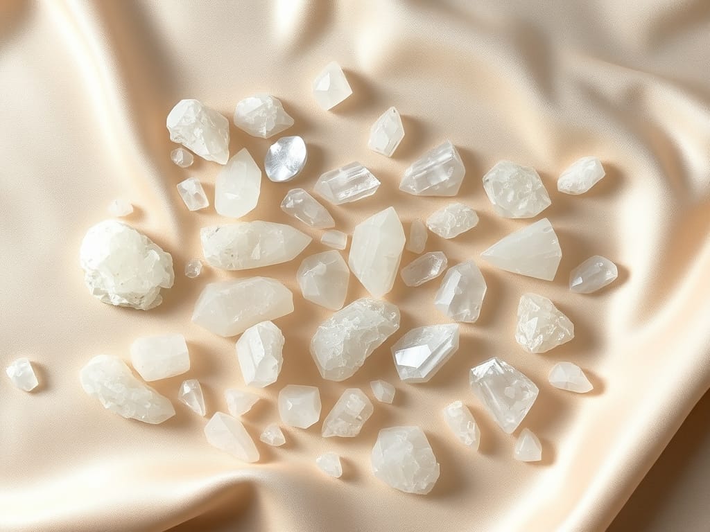 small pieces of selenite crystal scattered on a beige satin cloth