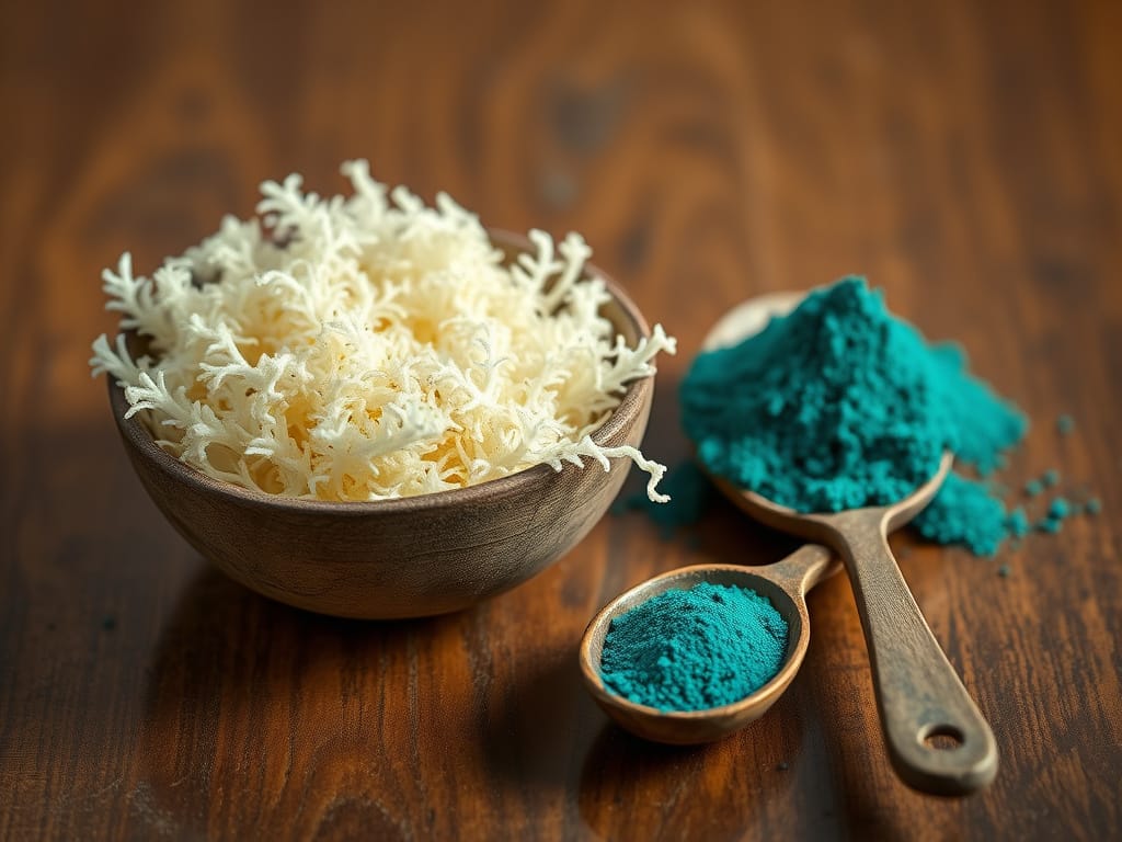 bowl of natural white Sea Moss next to a spoon of deep green Spirulina