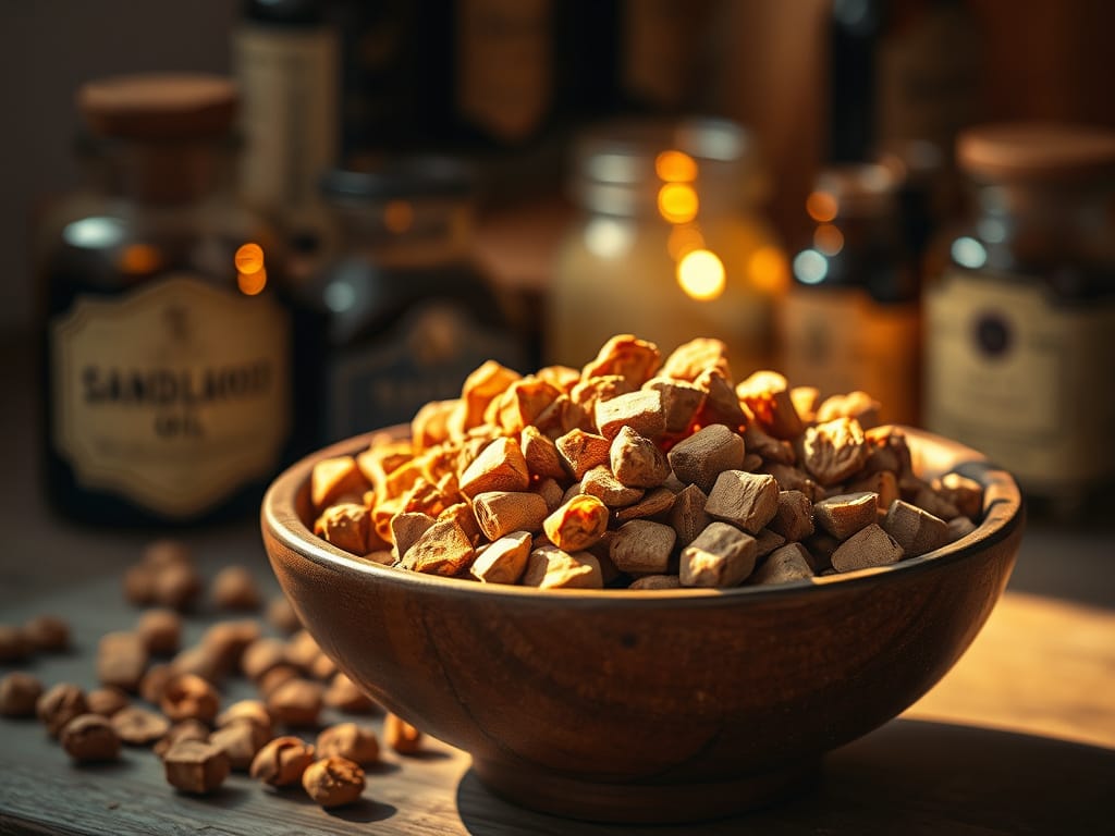 bowl of sandalwood with essential oils in the background