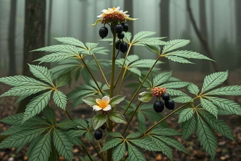 A well-defined Siberian ginseng (Eleutherococcus senticosus) plant thriving in a temperate forest. The plant has multiple woody stems covered in small, sharp thorns. Its palmately compound leaves