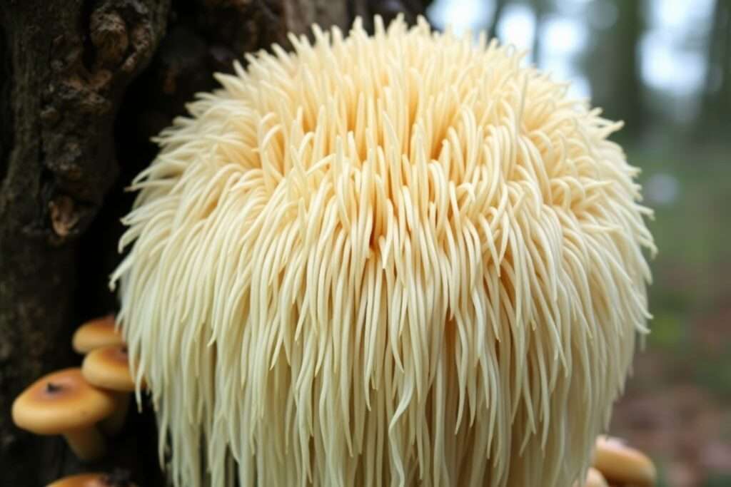 A large, globe-shaped mushroom with cascading, soft spines that resemble long, shaggy white tendrils.