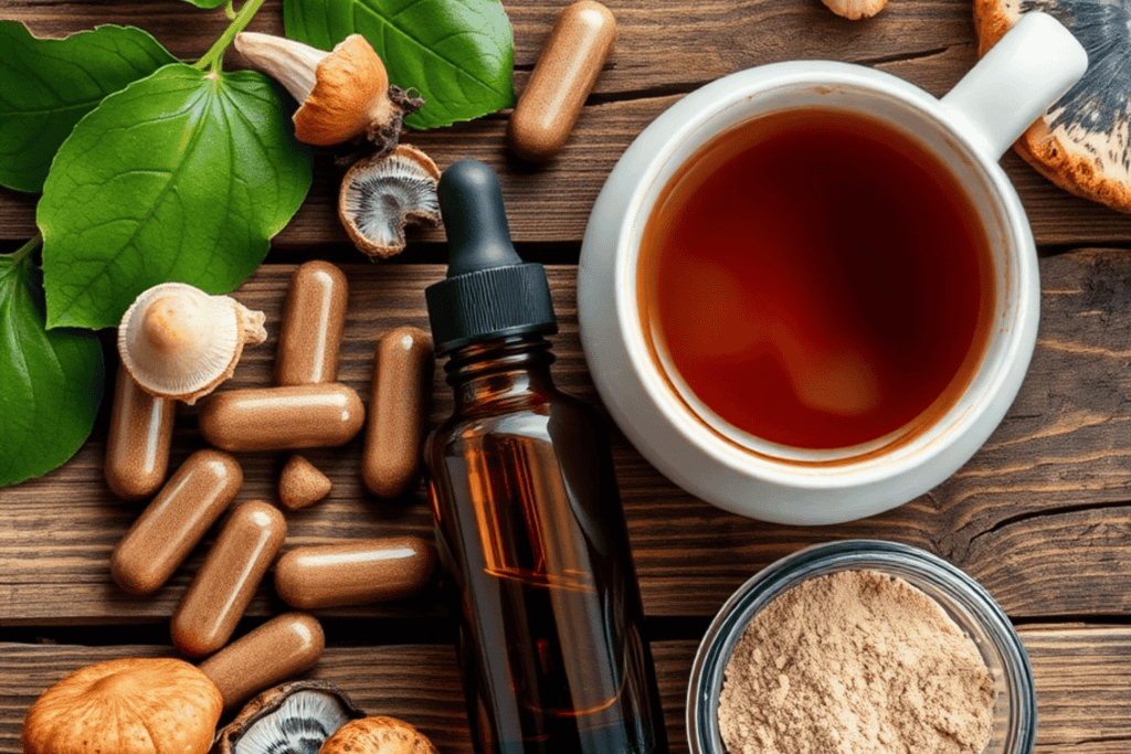 Mushroom supplements shown in capsule, liquid and powder form.