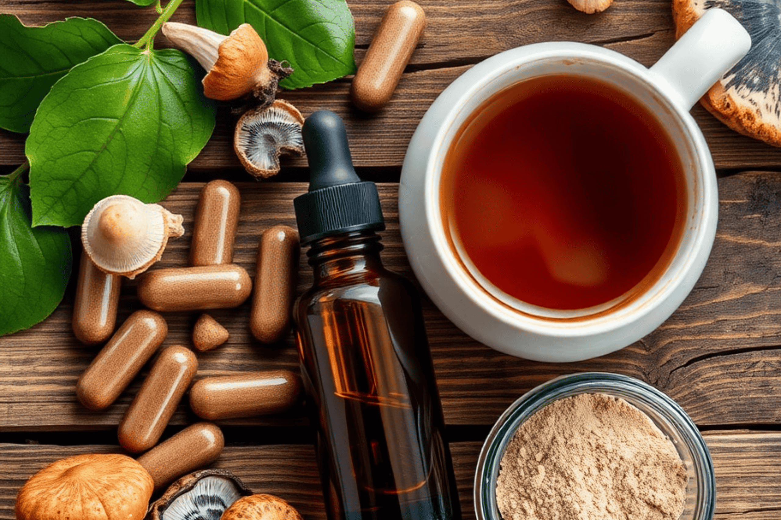 Mushroom supplements shown in capsule, liquid and powder form.