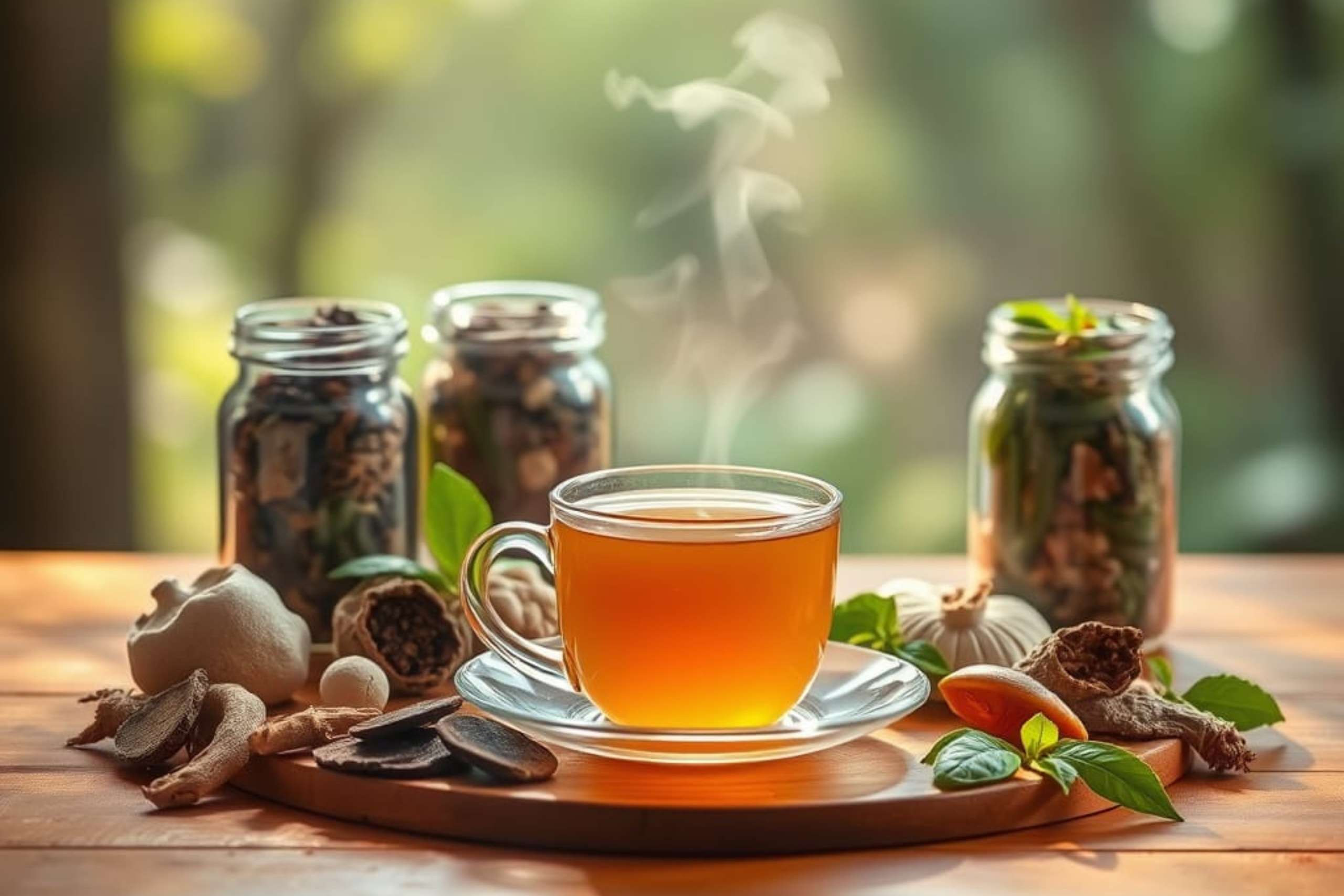 A beautifully arranged wooden table featuring an assortment of adaptogenic herbs such as ashwagandha, reishi mushrooms, and holy basil. A steaming cup of herbal tea sits in the center, surrounded by glass jars filled with dried roots and leaves. Soft natural lighting filters through, creating a warm, earthy, and calming atmosphere. The background is blurred, hinting at a peaceful, natural setting.