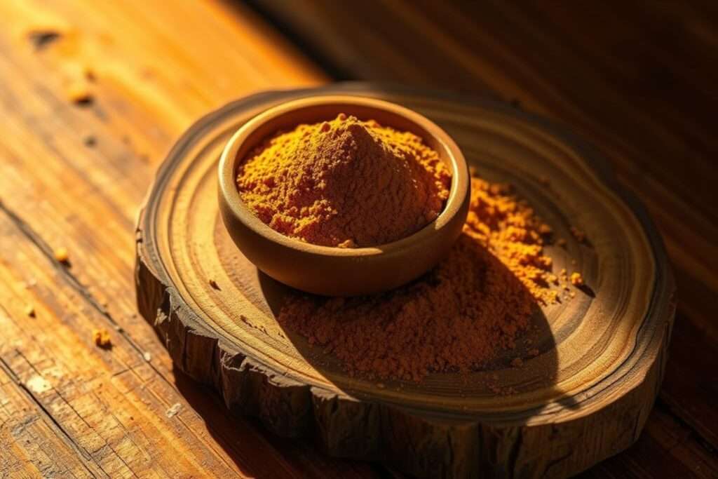 The background features a rustic wooden surface with a small bowl of finely ground maca powder beside the roots. Soft, diffused lighting enhances the rich, organic texture, evoking a sense of natural energy and vitality. The scene is warm and inviting, emphasizing maca’s traditional and nutritional significance.