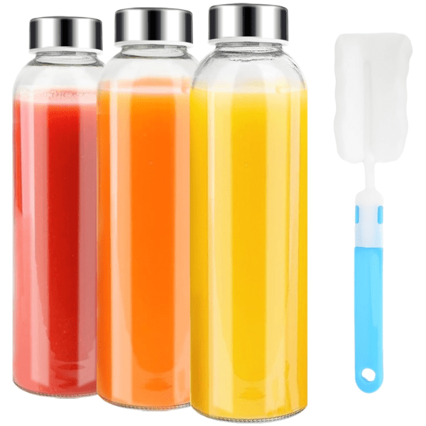 Luxfuel 18 oz Glass Bottles with Lids, Reusable Glass Juice Bottles with Stainless Steel Cap